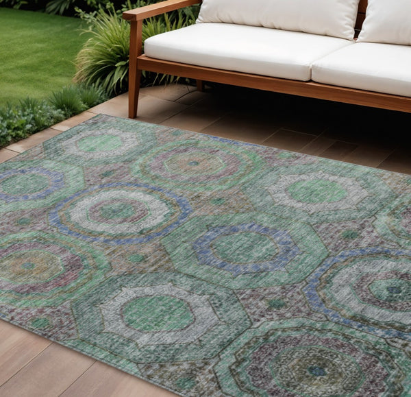 HomeRoots 10' Geometric Washable Area Rug in Green, Charcoal & Purple - Durable Indoor/Outdoor Style & Comfort 630188