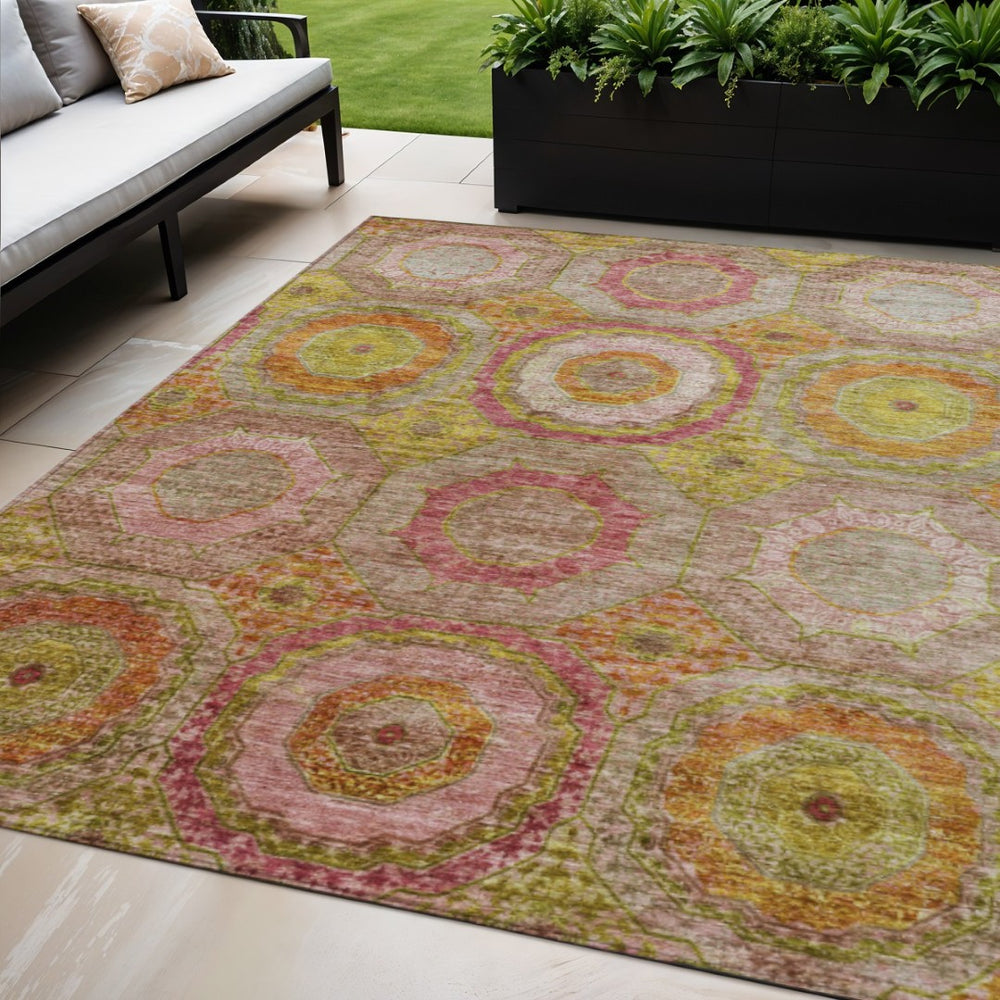 HomeRoots 5' Geometric Orange, Pink & Gold Area Rug – Stylish, Washable & Durable for Indoor/Outdoor Use 630190
