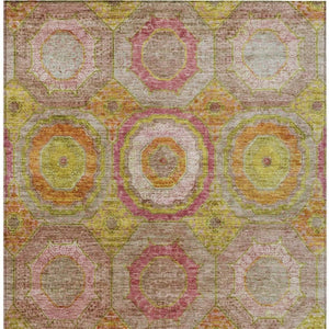 HomeRoots 5' Geometric Orange, Pink & Gold Area Rug – Stylish, Washable & Durable for Indoor/Outdoor Use 630190