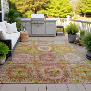 HomeRoots 5' Geometric Orange, Pink & Gold Area Rug – Stylish, Washable & Durable for Indoor/Outdoor Use 630190