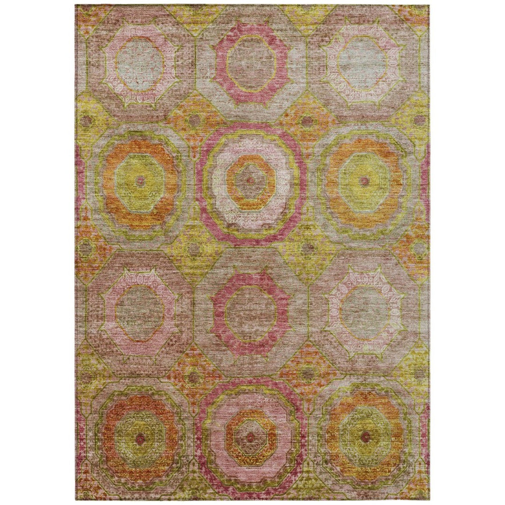 HomeRoots 5' Geometric Orange, Pink & Gold Area Rug – Stylish, Washable & Durable for Indoor/Outdoor Use 630190