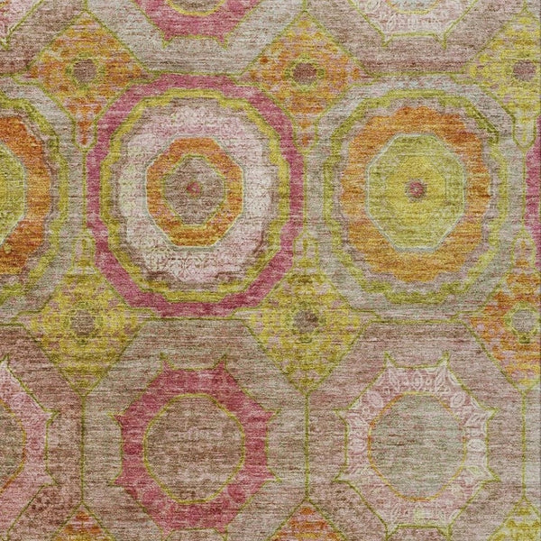 HomeRoots 5' Geometric Orange, Pink & Gold Area Rug – Stylish, Washable & Durable for Indoor/Outdoor Use 630190