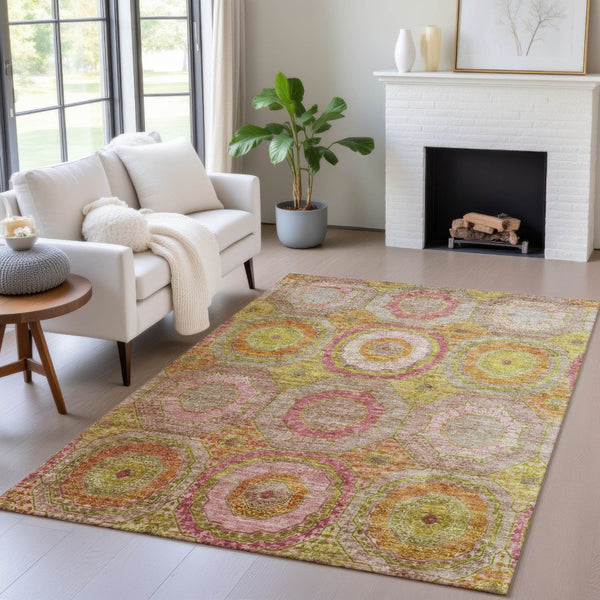 HomeRoots 5' Geometric Orange, Pink & Gold Area Rug – Stylish, Washable & Durable for Indoor/Outdoor Use 630190