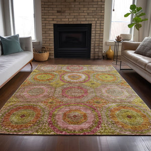 HomeRoots 5' Geometric Orange, Pink & Gold Area Rug – Stylish, Washable & Durable for Indoor/Outdoor Use 630190