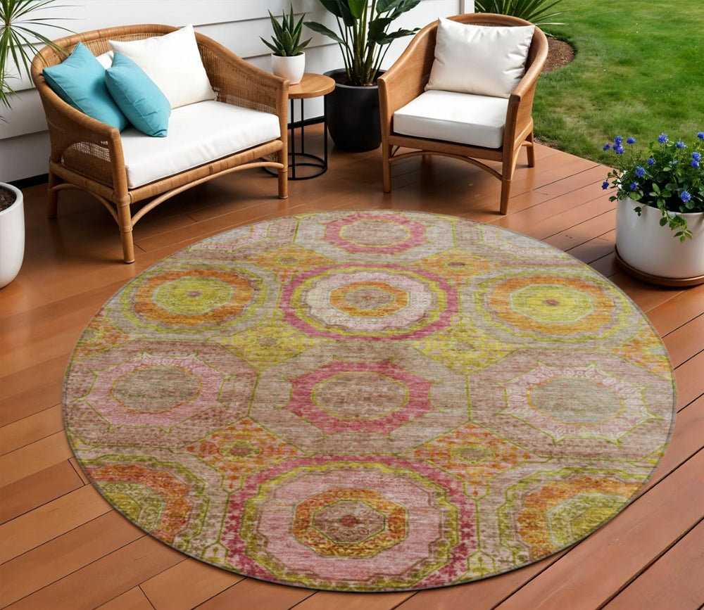 HomeRoots 8' Vibrant Orange, Pink & Gold Round Geometric Area Rug – Durable, Washable for Indoor/Outdoor Use! 630191