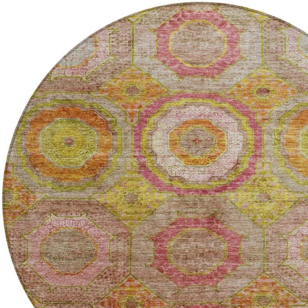 HomeRoots 8' Vibrant Orange, Pink & Gold Round Geometric Area Rug – Durable, Washable for Indoor/Outdoor Use! 630191