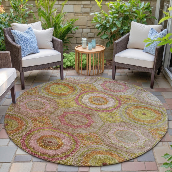 HomeRoots 8' Vibrant Orange, Pink & Gold Round Geometric Area Rug – Durable, Washable for Indoor/Outdoor Use! 630191