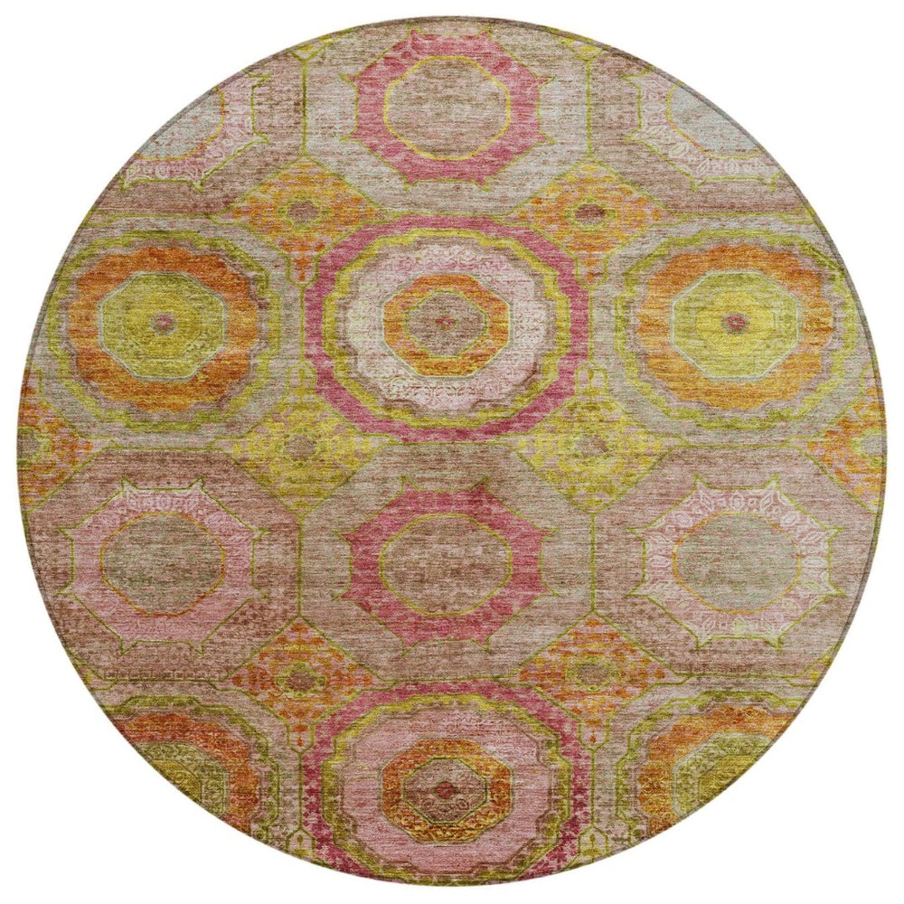 HomeRoots 8' Vibrant Orange, Pink & Gold Round Geometric Area Rug – Durable, Washable for Indoor/Outdoor Use! 630191