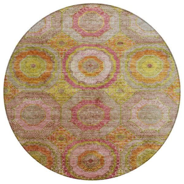 HomeRoots 8' Vibrant Orange, Pink & Gold Round Geometric Area Rug – Durable, Washable for Indoor/Outdoor Use! 630191
