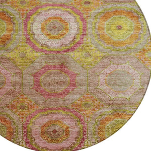 HomeRoots 8' Vibrant Orange, Pink & Gold Round Geometric Area Rug – Durable, Washable for Indoor/Outdoor Use! 630191