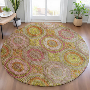 HomeRoots 8' Vibrant Orange, Pink & Gold Round Geometric Area Rug – Durable, Washable for Indoor/Outdoor Use! 630191
