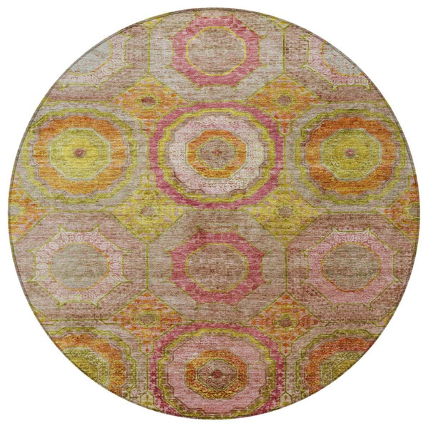 HomeRoots 8' Vibrant Orange, Pink & Gold Round Geometric Area Rug – Durable, Washable for Indoor/Outdoor Use! 630191