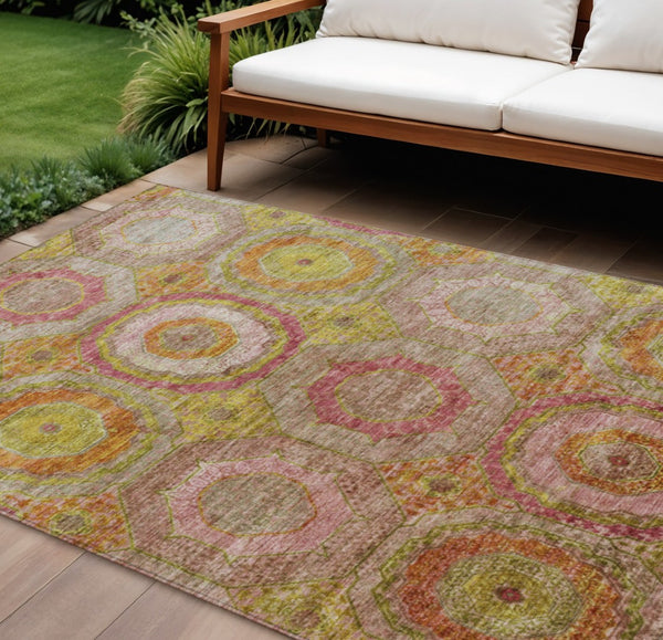 HomeRoots 8' X 10' Stylish Geometric Area Rug in Orange, Pink & Gold - Washable, Durable for Indoor/Outdoor Use 630192