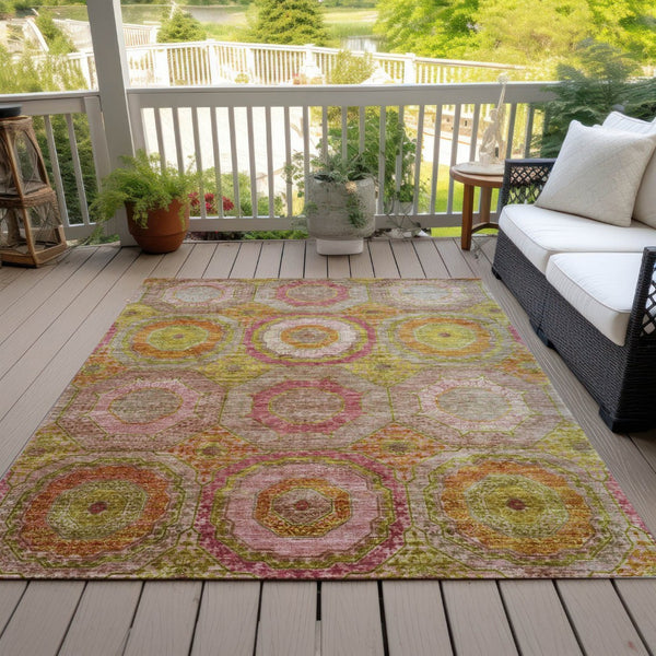 HomeRoots 9' X 12' Stylish Geometric Washable Area Rug in Orange, Pink, and Gold for Indoor & Outdoor Use 630193