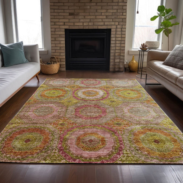 HomeRoots 10' Geometric Washable Area Rug in Orange, Pink & Gold - Durable, Stylish for Indoor/Outdoor Spaces 630194