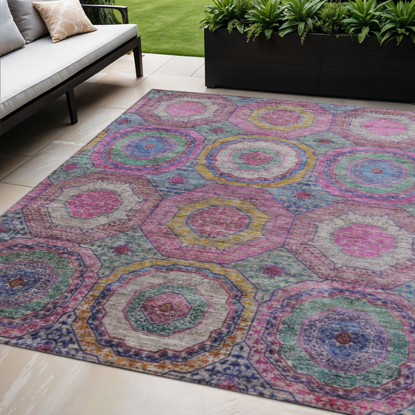 HomeRoots 5' X 8' Vibrant Pink, Blue, and Gold Geometric Washable Area Rug for Indoor and Outdoor Spaces 630196