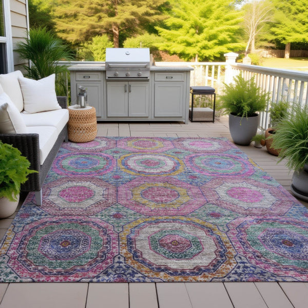 HomeRoots 5' X 8' Vibrant Pink, Blue, and Gold Geometric Washable Area Rug for Indoor and Outdoor Spaces 630196