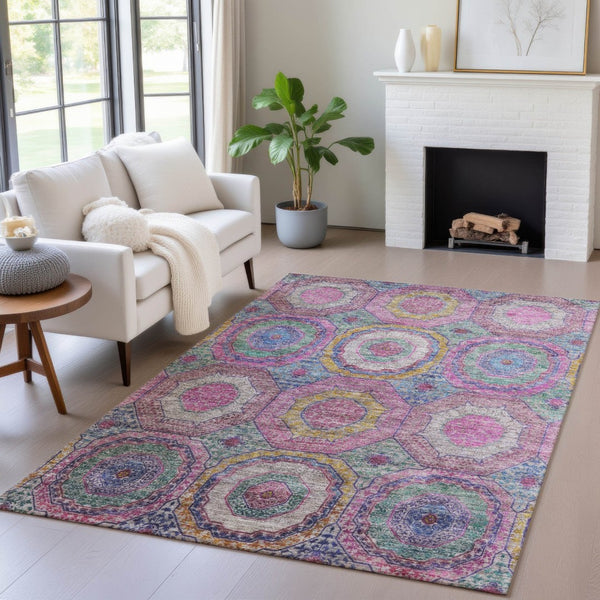 HomeRoots 5' X 8' Vibrant Pink, Blue, and Gold Geometric Washable Area Rug for Indoor and Outdoor Spaces 630196