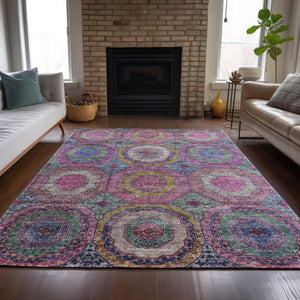 HomeRoots 5' X 8' Vibrant Pink, Blue, and Gold Geometric Washable Area Rug for Indoor and Outdoor Spaces 630196
