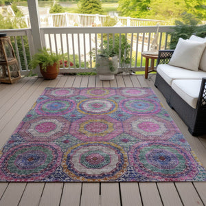 HomeRoots 5' X 8' Vibrant Pink, Blue, and Gold Geometric Washable Area Rug for Indoor and Outdoor Spaces 630196
