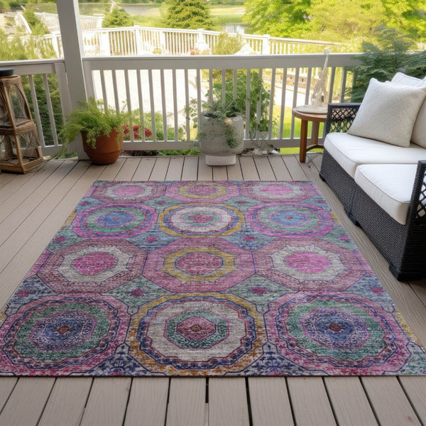 HomeRoots 5' X 8' Vibrant Pink, Blue, and Gold Geometric Washable Area Rug for Indoor and Outdoor Spaces 630196