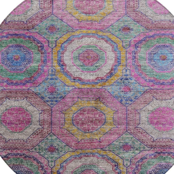 HomeRoots 8' Vibrant Round Geometric Area Rug in Pink, Blue & Gold - Washable, Durable for Indoor/Outdoor Use 630197