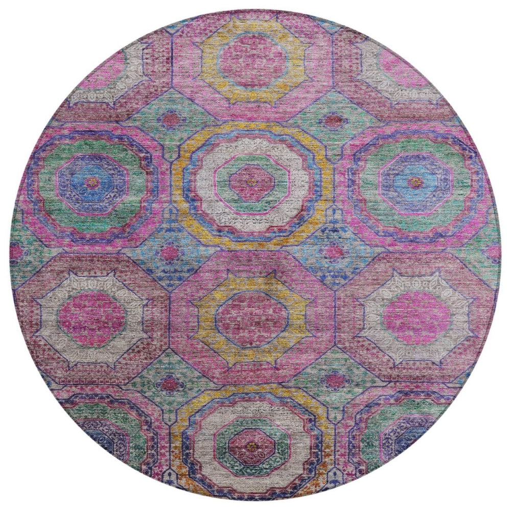 HomeRoots 8' Vibrant Round Geometric Area Rug in Pink, Blue & Gold - Washable, Durable for Indoor/Outdoor Use 630197