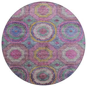 HomeRoots 8' Vibrant Round Geometric Area Rug in Pink, Blue & Gold - Washable, Durable for Indoor/Outdoor Use 630197