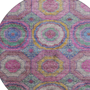 HomeRoots 8' Vibrant Round Geometric Area Rug in Pink, Blue & Gold - Washable, Durable for Indoor/Outdoor Use 630197