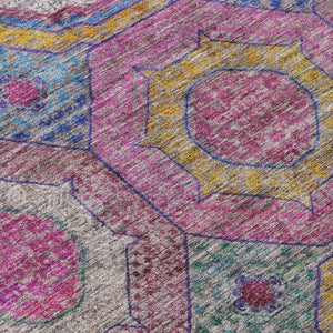 HomeRoots 8' Vibrant Round Geometric Area Rug in Pink, Blue & Gold - Washable, Durable for Indoor/Outdoor Use 630197