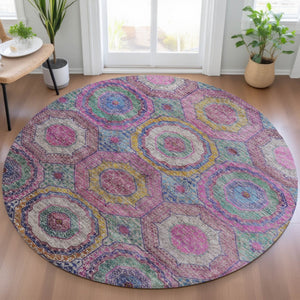 HomeRoots 8' Vibrant Round Geometric Area Rug in Pink, Blue & Gold - Washable, Durable for Indoor/Outdoor Use 630197