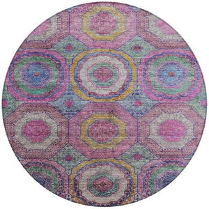 HomeRoots 8' Vibrant Round Geometric Area Rug in Pink, Blue & Gold - Washable, Durable for Indoor/Outdoor Use 630197
