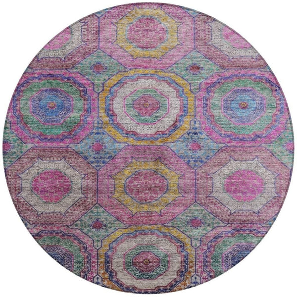 HomeRoots 8' Vibrant Round Geometric Area Rug in Pink, Blue & Gold - Washable, Durable for Indoor/Outdoor Use 630197