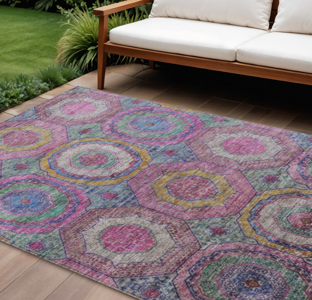 HomeRoots 8' X 10' Washable Geometric Area Rug in Pink, Blue & Gold – Stylish, Durable, Indoor/Outdoor Decor! 630198