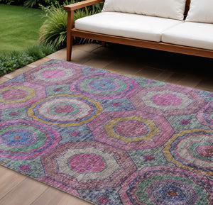 HomeRoots 8' X 10' Washable Geometric Area Rug in Pink, Blue & Gold – Stylish, Durable, Indoor/Outdoor Decor! 630198