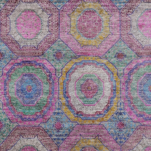 HomeRoots 8' X 10' Washable Geometric Area Rug in Pink, Blue & Gold – Stylish, Durable, Indoor/Outdoor Decor! 630198