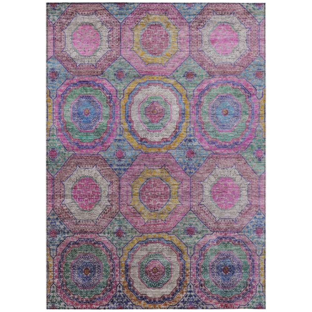 HomeRoots 8' X 10' Washable Geometric Area Rug in Pink, Blue & Gold – Stylish, Durable, Indoor/Outdoor Decor! 630198