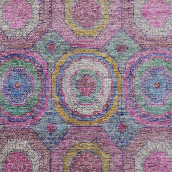HomeRoots 9' X 12' Stylish Pink Blue Gold Geometric Washable Area Rug for Indoor & Outdoor Spaces 630199
