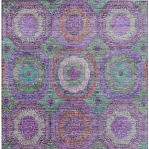 HomeRoots 5' Vibrant Geometric Washable Area Rug in Purple, Teal, Blue & Lime Green for Indoor/Outdoor Use 630202