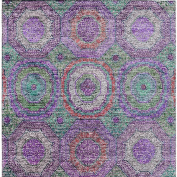 HomeRoots 5' Vibrant Geometric Washable Area Rug in Purple, Teal, Blue & Lime Green for Indoor/Outdoor Use 630202