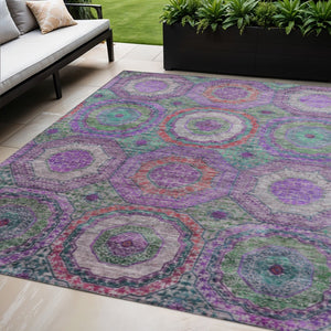 HomeRoots 5' Vibrant Geometric Washable Area Rug in Purple, Teal, Blue & Lime Green for Indoor/Outdoor Use 630202