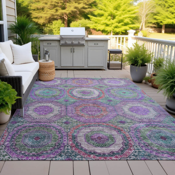 HomeRoots 5' Vibrant Geometric Washable Area Rug in Purple, Teal, Blue & Lime Green for Indoor/Outdoor Use 630202