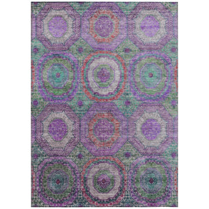 HomeRoots 5' Vibrant Geometric Washable Area Rug in Purple, Teal, Blue & Lime Green for Indoor/Outdoor Use 630202