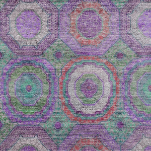 HomeRoots 5' Vibrant Geometric Washable Area Rug in Purple, Teal, Blue & Lime Green for Indoor/Outdoor Use 630202