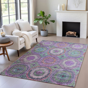 HomeRoots 5' Vibrant Geometric Washable Area Rug in Purple, Teal, Blue & Lime Green for Indoor/Outdoor Use 630202