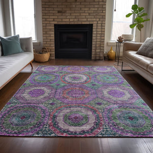 HomeRoots 5' Vibrant Geometric Washable Area Rug in Purple, Teal, Blue & Lime Green for Indoor/Outdoor Use 630202