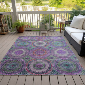 HomeRoots 5' Vibrant Geometric Washable Area Rug in Purple, Teal, Blue & Lime Green for Indoor/Outdoor Use 630202