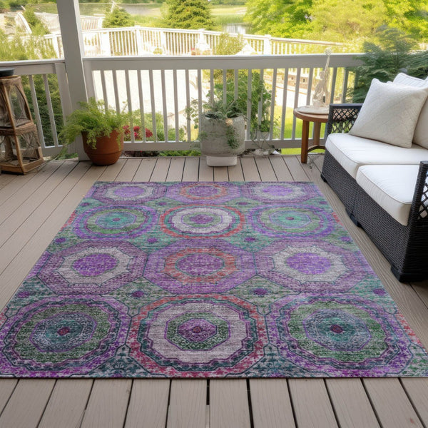 HomeRoots 5' Vibrant Geometric Washable Area Rug in Purple, Teal, Blue & Lime Green for Indoor/Outdoor Use 630202