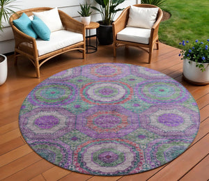 HomeRoots 8' Vibrant Round Geometric Area Rug in Purple, Teal, and Lime Green - Perfect for Indoor/Outdoor Use 630203