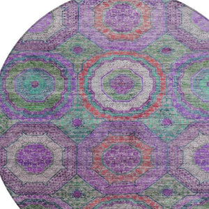HomeRoots 8' Vibrant Round Geometric Area Rug in Purple, Teal, and Lime Green - Perfect for Indoor/Outdoor Use 630203